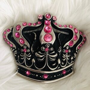 CHROME ANGELS King Queen Swarovski Clear Crystals Metal Crown Buckle HTF LARGE